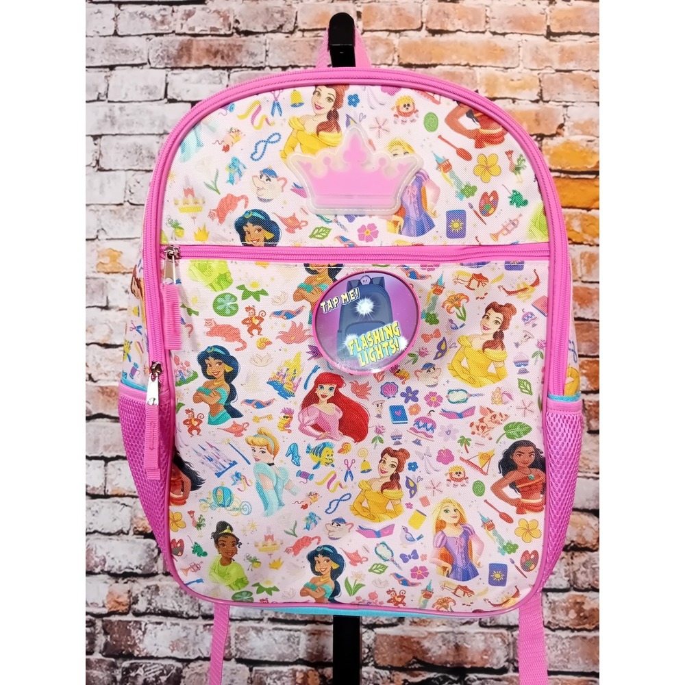 Disney Princess Backpack Kids Girls One Size Pink Flashing Lights Ariel Belle